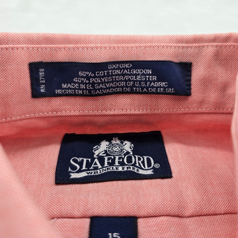 Stafford Button Down Mens 15 Short Sleeve Coral Pink Wrinkle Free Oxford Shirt - Picture 3 of 9